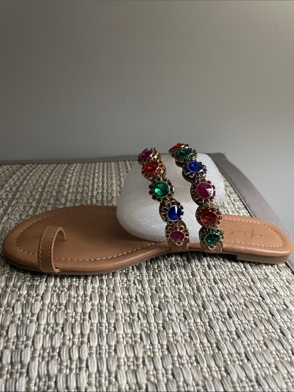 Thalia Sodi Tan Slide Sandals with Multicolor Gem Embellishments